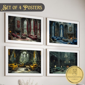 Set van 4 posters voor de Wizard School Castle Common Rooms Art Prints Magic World Cadeau voor heks en tovenaar Rustieke Common Room Vintage Stijl Schilderij