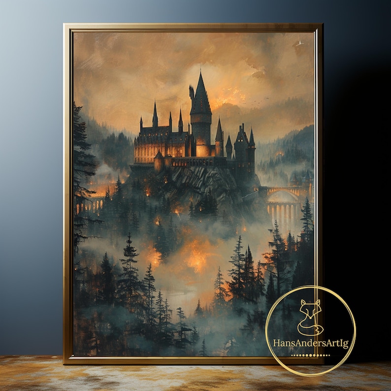 Fantasy art print of a magical castle, ideal for fans of witchy and literary-themed wall art.