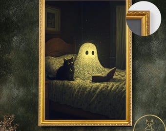 Ingelijste Halloweenposter met schattige spookkat die leest, herfstmuurdecoratie, speels cadeau voor het griezelige seizoen, Dark Academia woondecoratie, Whimsigoth