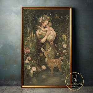 Könnte beinhalten: Ein gerahmter Kunstdruck, der eine Person mit Blumenkranz zeigt, die ein kleines Kind in einer üppigen Waldumgebung hält, während ein geflecktes Reh im flachen Wasser steht. Das Kunstwerk zeigt gedämpfte Grün-, Braun- und Rosatöne.