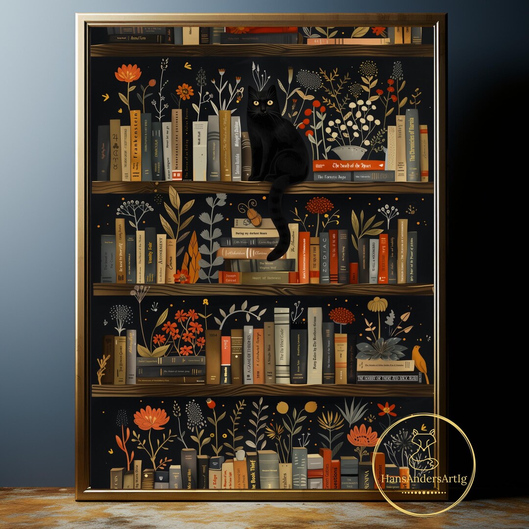 Bookshelf Cat Poster Whimsical Gift for Book Lover Reading Wall Art ...