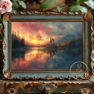 Poster Castle on Lake in Twilight Vintage Style Art Print Magic School Fantasy Fan Decor Dark Academia Wall Art Dawn Landscape Potter Art