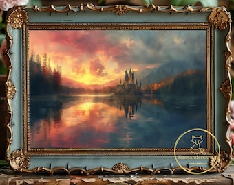 Puede incluir: Una impresión enmarcada de un paisaje con un castillo junto a un lago al atardecer. El cielo está en llamas con tonos naranja y rosa, reflejados en el agua. El marco es ornamentado, con un acabado verde azulado y detalles dorados.