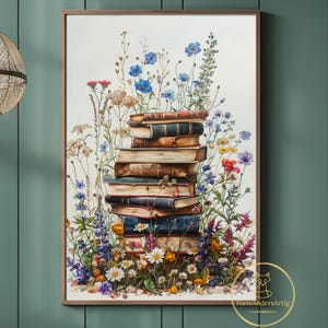 Könnte beinhalten: Ein vertikaler, rechteckiger Wandkunstdruck, der einen Stapel verwitterter Bücher im Vintage-Stil zeigt, umgeben von einer dichten Anordnung bunter Wildblumen, darunter blaue, weiße, gelbe und rote Blüten, mit dem Text HansAndersArtIg in der Ecke.