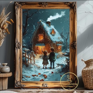Poster Hansel and Gretel Wall Art Fairy Tale Brothers Grimm Art Print Gingerbread House Classic Literature Kid Room Decor Illustration Witch