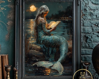 Puede incluir: Una impresión de arte mural enmarcada que representa a una sirena de pelo largo sentada sobre una roca junto a un lago por la noche, leyendo un libro iluminado. La escena muestra una luna llena, agua oscura y una orilla lejana. Texto HansAndersArtIg.