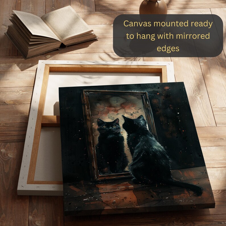Witchy cottagecore artwork with elegant black cat and magical mirror reflection