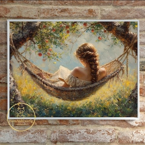 Póster de libros para lectores, estilo veraniego, hamaca de jardín, impresión artística vintage, arte de pared para amantes de los libros, decoración del hogar estilo cottagecore, pintura de bibliotecario