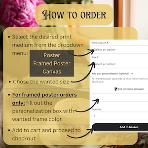 May include: How to order a poster, framed poster, or canvas print. Select the print medium, size, and add personalization if desired. Add to cart and proceed to checkout.