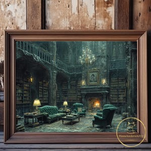 Poster Green Common Room Magic School Dark Academia Fantasy Fan Art Dark Cottagecore Print  Bookish Art Gift For Reader Wizards Wall Decor