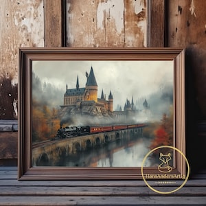 Poster Castle Steam Train Print Autumn Vintage Art Wizard School Fall Fantasy Fan Decor Potter Art Dark Academia Dark Cottagecore Wall Art
