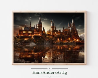 Poster magical castle art print magic wizard wall decoration magic illustration magical school at night Potter decoration Dark Academia