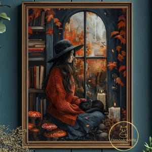 Caprichoso cartel de otoño caída chica gato pintura impresión oscura Academia Cottagecore arte magia decoración Wallart Goblincore amante regalo regalo de bruja