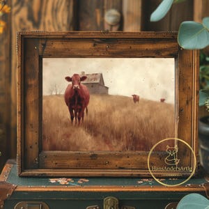 Poster dipinto di mucca prato stampa di animali da fattoria stile country regalo per amanti della casa rustica arte murale fattoria illustrazione decorazione murale cottagecore scuro