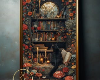 Poster con gatto rosa rossa, stampa gotica Dark Academia, stile vintage, decorazione da parete per amanti dei libri, regalo Goblincore per lettori