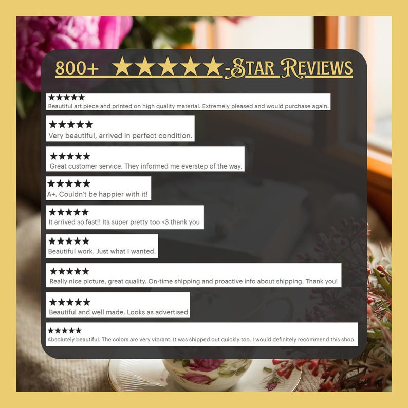 Pu&ograve; includere: Immagine con sfondo dorato e sovrapposizione scura che mostra le recensioni dei clienti. Il testo recita "800+ Star Reviews" e include diverse valutazioni a cinque stelle con commenti positivi sulla qualit&agrave; e sul servizio.