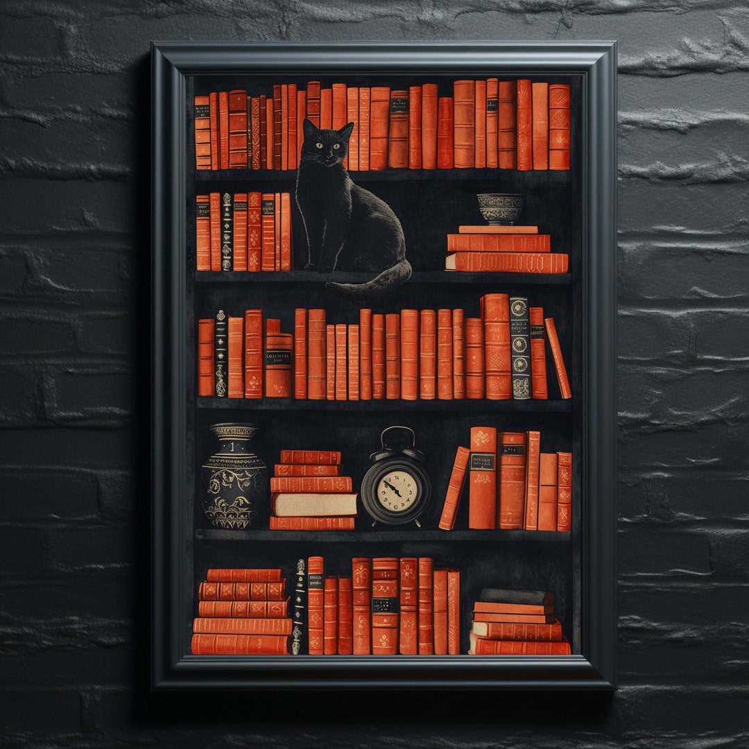 Dark Academia Poster Black Cat Bookshelf Decor Bookish Art Print ...
