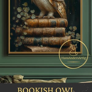 Enchanting owl and books illustration, whimsical wall decor for readers and literary fans.