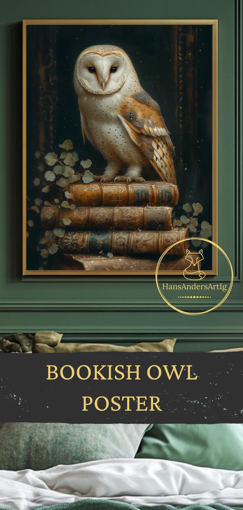 Enchanting owl and books illustration, whimsical wall decor for readers and literary fans.
