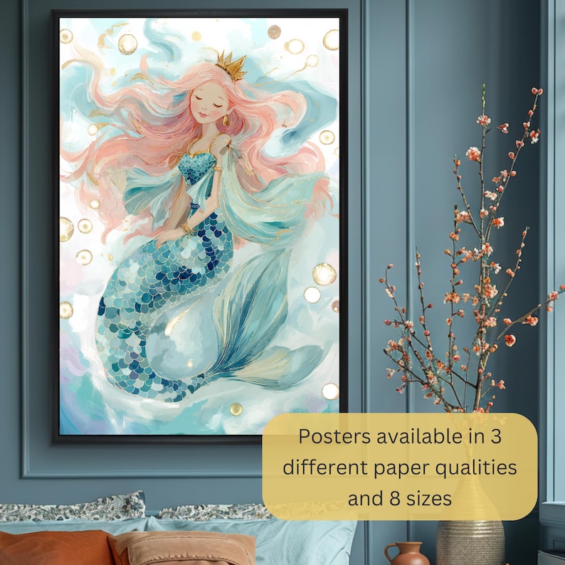 Girls Room Mermaid Poster Whimsy Underwater Fantasy Wall Art for Kids ...