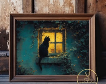 Poster Black Cat Window Vintage Style Painting Print Cat Lover Art Dark Moody Prints Dark Cottagecore Goblincore Night Wall Art Witchy Gift
