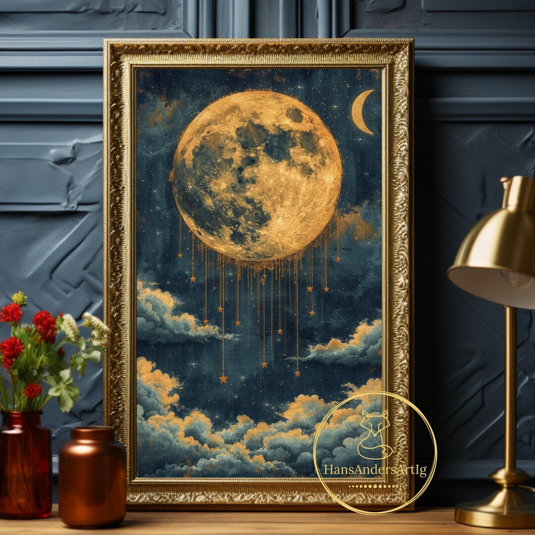 Moon Poster Vintage Style Night Sky Art Print Star Cloud Wall Art ...