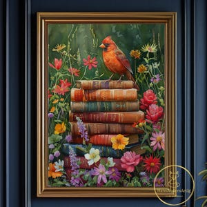 Poster con uccello cardinale ad acquerello, arte murale vintage, stampa floreale per amanti dei libri, opera d'arte sulla lettura naturalistica, biblioteca da giardino, decorazione da parete in stile cottagecore.