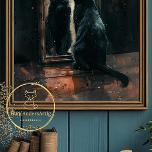 Fantasy inspired black cat poster with vintage frame and mystical reflection