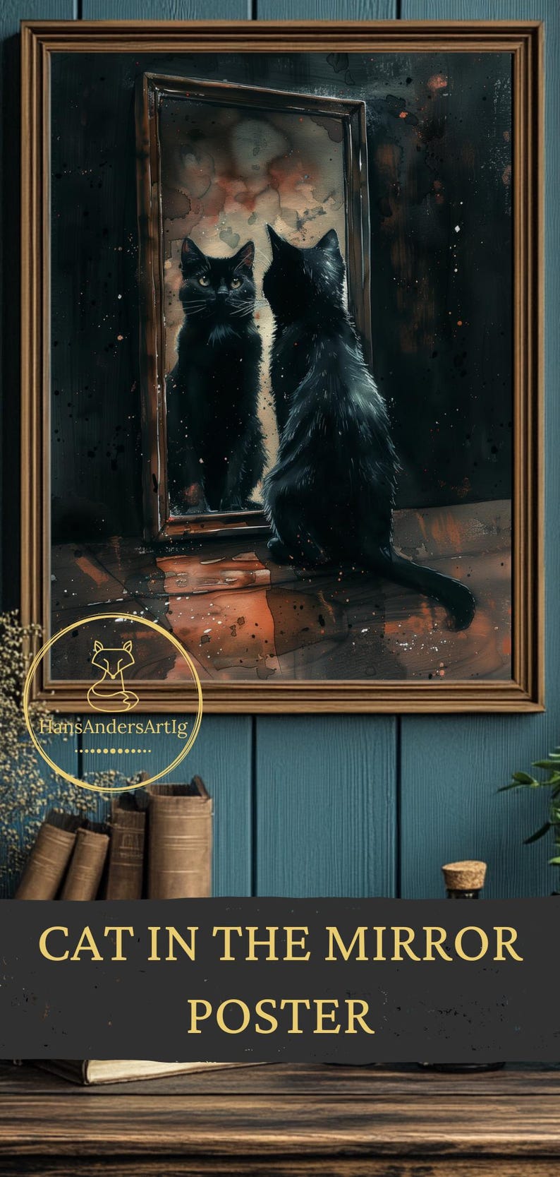 Fantasy inspired black cat poster with vintage frame and mystical reflection