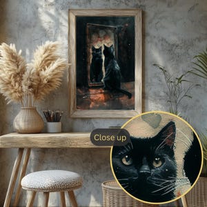 Dark academia wall art featuring a black cat gazing into a vintage mirror in a woodland setting