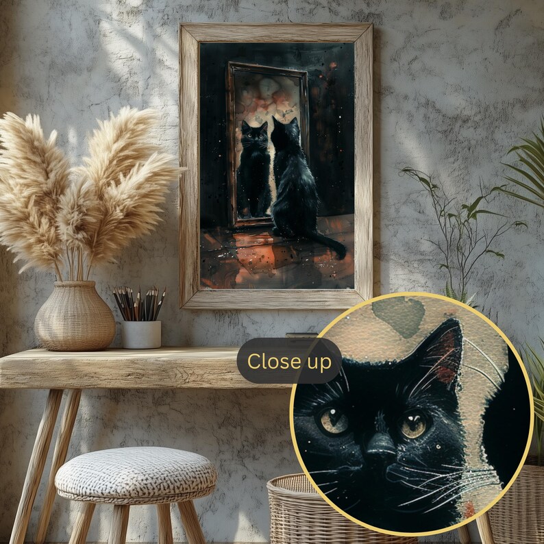 Dark academia wall art featuring a black cat gazing into a vintage mirror in a woodland setting
