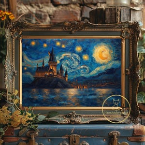Poster del castello magico Stile Van Gogh Stampa artistica ispirata all'annata Regalo per la scuola di magia per gli appassionati di fantasy Decorazione da parete Dark Academia Stile Potter