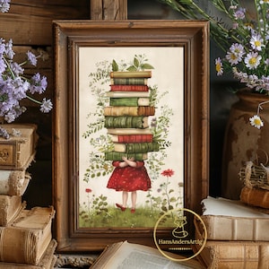 Può includere: Un'illustrazione in stile vintage di una ragazza con un vestito rosso che tiene una pila di libri sopra la testa. I libri sono circondati da fogliame verde e fiori. L'immagine è incorniciata in una cornice di legno e ha il testo "HansAndersArtlig" in basso.
