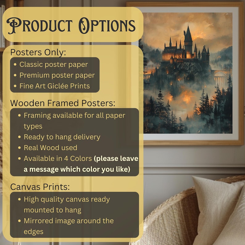 Dark academia wall art with a magic castle, perfect for adding a mystical touch to your space.