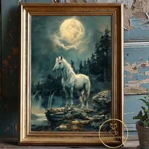 Whimsy Unicorn Poster Fairycore Style Painting Print Dark Academia Cottagecore Art Magic Decor Wallart Goblincore Lover Gift Witchy Gift
