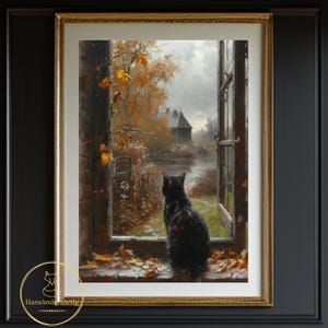 Póster de gato otoñal, estilo vintage, impresión estilo cottagecore oscuro, arte de pared, regalo caprichoso para amantes de los gatos, biblioteca, decoración de pared para sala de estar