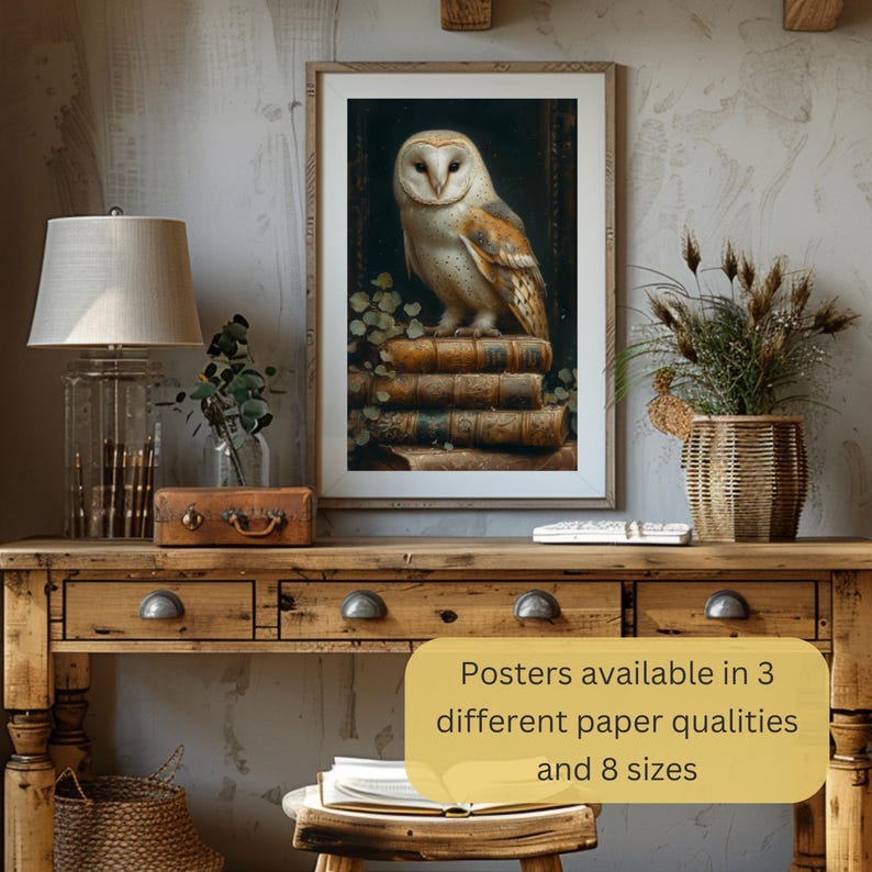 Owl illustration with books, cozy wall art for dark academia fans.