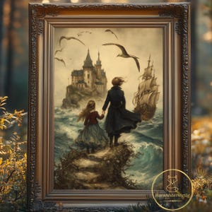Könnte beinhalten: Gerahmtes Gemälde, das zwei Personen zeigt, die sich an den Händen halten und auf ein stürmisches Meer blicken. Eine Burg thront auf einer felsigen Insel, mit einem Schiff in der Nähe. Möwen fliegen am Himmel. Der Rahmen ist verziert und dunkelbraun.