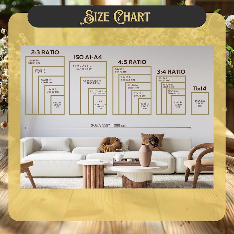 May include: A size chart for canvas prints with different aspect ratios, including 2:3, 4:5, 3:4, and 11x14. The chart shows the dimensions in inches and centimeters for each size. The chart is displayed on a wall with a sofa and a coffee table in front of it.