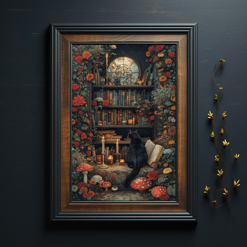 Book Cat Lover Poster Dark Academia Art Print Dark Print Vintage Style ...