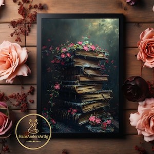 Book Stack Pink Flower Painting Poster Vintage Style Book Lover Gift Library Wall Art Book Nerd Illustration Dark Academia Dark Cottagecore