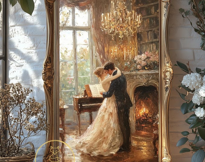 Affiche romantique nostalgique, art mural pour bibliothèque, couple amoureux, décoration style vintage, peinture rustique, estampe d'art victorien, idée cadeau, intérieur classique