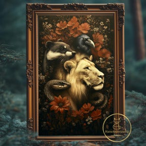Fantasy Poster Magic School Art Living Room Decor Coat Of Arms Animals Wall Decor Lion Badger Raven Snake Whimsy Gift For Dark Academia Home