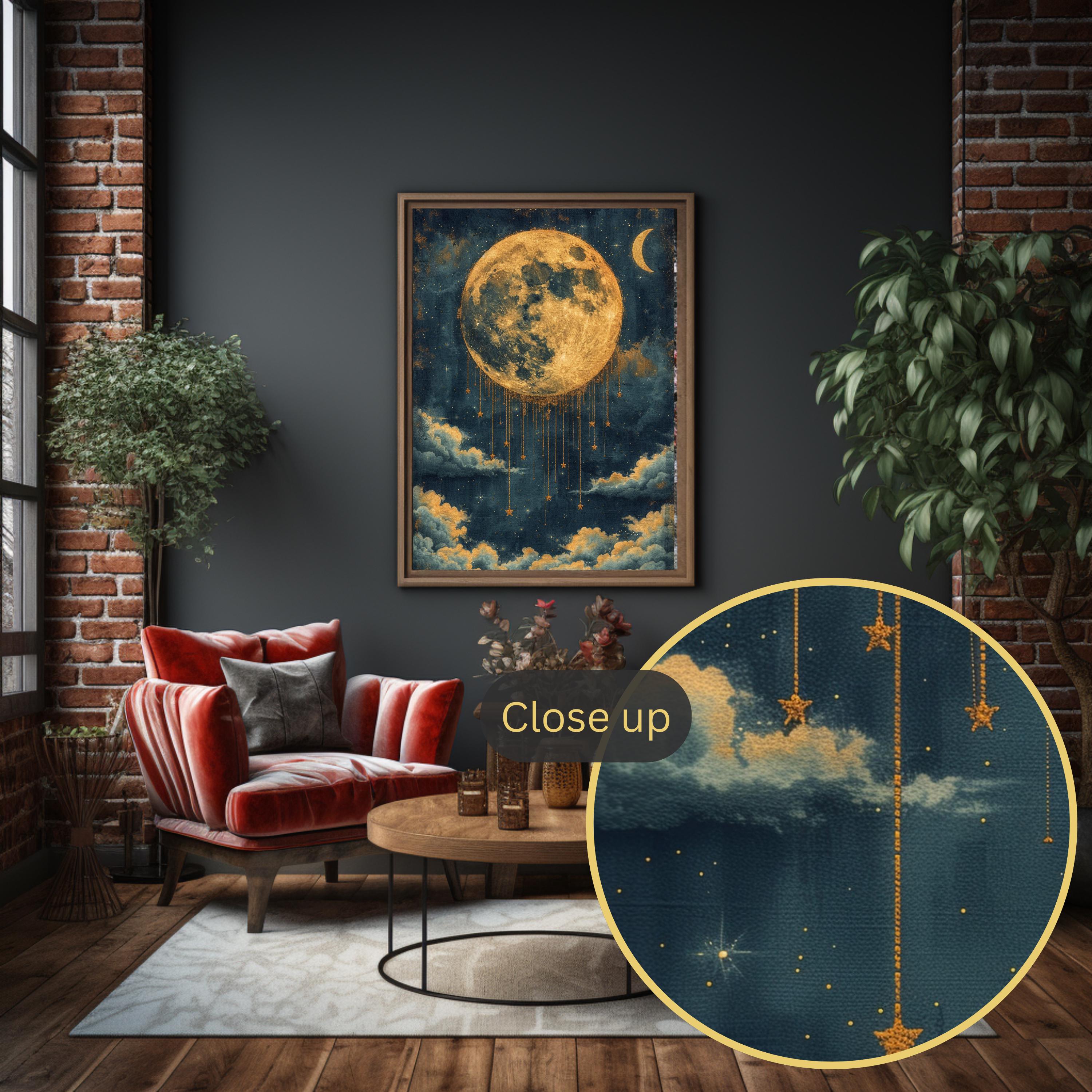 Moon Poster Vintage Style Night Sky Art Print Star Cloud Wall Art ...
