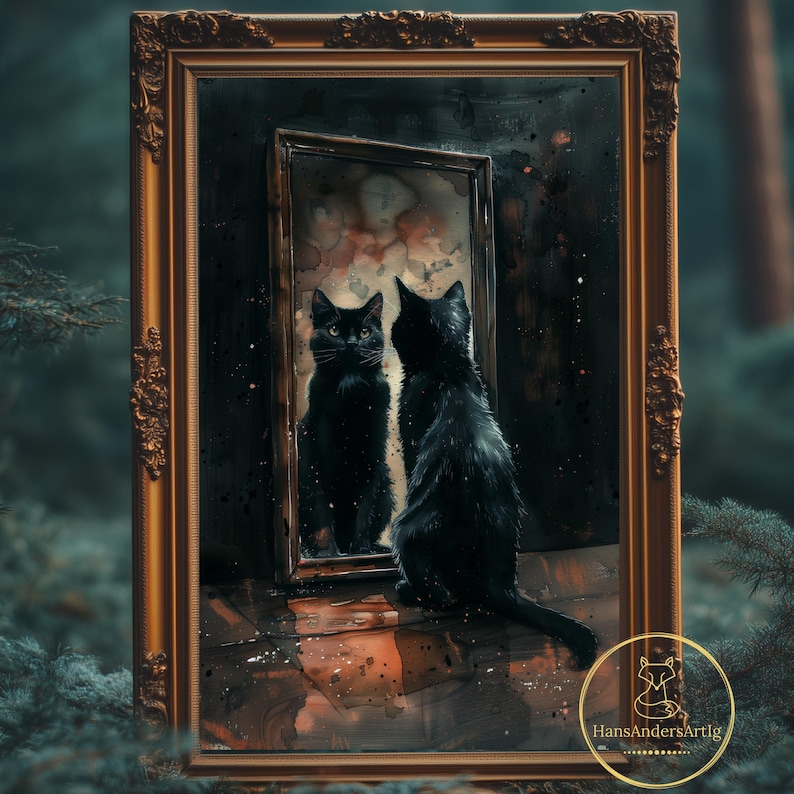 Black cat sitting before an enchanted mirror with a mysterious magical reflection