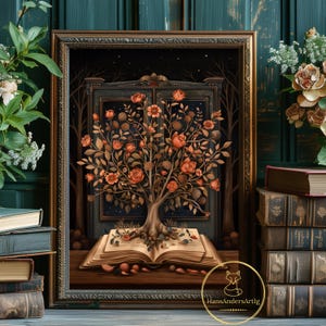 Romantyczny plakat z drzewem książkowym w stylu vintage Wydrukuj Dark Academia Kwiatowa sztuka ścienna Miłośnik książek Prezent Antyczne róże Malarstwo Gotycki wystrój Cottagecore