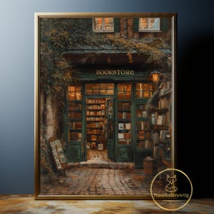 Vintage Style Bookstore Painting Poster Print Poster Book Lover Gift Wallart Librarian Book Nerd Illustration Dark Academia Dark Cottagecore