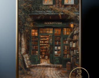 Vintage Style Bookstore Painting Poster Print Poster Book Lover Gift Wallart Librarian Book Nerd Illustration Dark Academia Dark Cottagecore