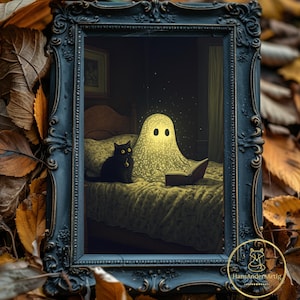 Poster di Halloween con simpatico gatto fantasma che legge, stampa artistica da parete autunnale, regalo stravagante per la stagione spettrale, arredamento per la casa Dark Academia Decor Whimsigoth