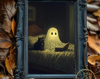 Halloween Poster Cute Ghost Cat Reading Print Fall Wall Art Whimsical Gift For Spooky Season Home Decor Dark Academia Decor Whimsigoth